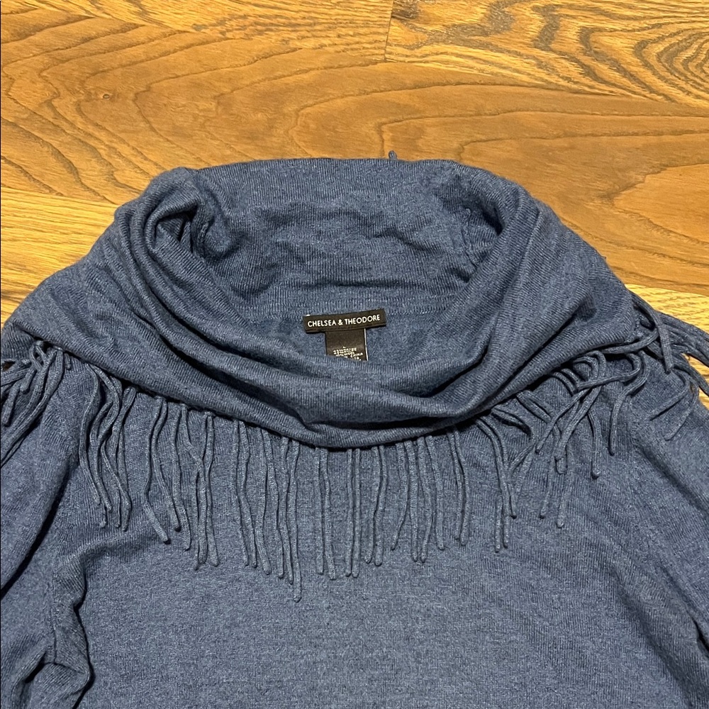 Chelsea & Theodore Navy Fringe Turtleneck Sweater